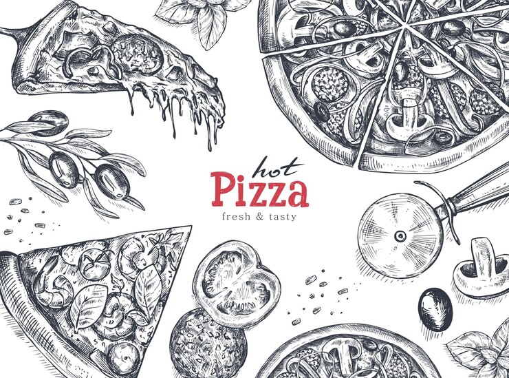 Wektor ręcznie rysowane tło z pizzą i składnikami w stylu szkicu tradycyjne włoskie jedzenie może służyć do menu
