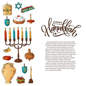 Ręcznie rysowane tradycyjne symbole chanuka w stylu szkicu żydowskie święto chanuka kartkę z życzeniami vector