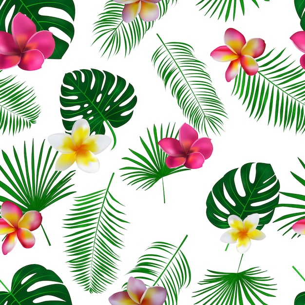 Ręcznie Rysowane Tropikalny Wzór Z Kwiatów Orchidei I Egzotycznych Liści Palmowych Na Białym Tle.