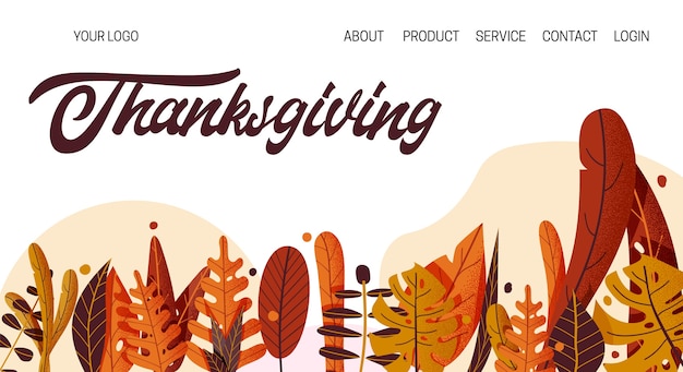 Ręcznie Rysowane Typografii Happy Thanksgiving. Uroczysty Tekst Z Liśćmi, Szablon Strony Docelowej