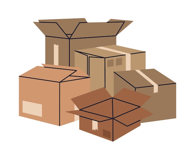 Plik wektorowy ręcznie rysowane układane pudełka ładunkowe pudełka kartonowe stosy magazynowe pudełko stosy płaskie ilustracje wektorowe koncepcja przemieszczania lub dostawy na białym