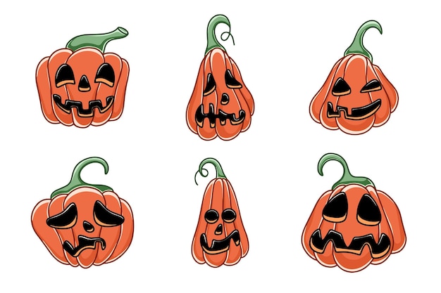Ręcznie Rysowane Upiorny Zestaw Dyni Halloween Straszne Twarze Postaci Na Wakacje Halloween