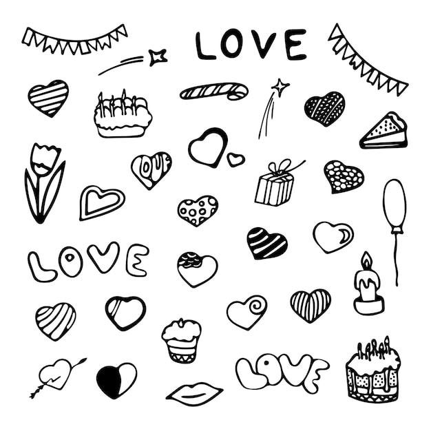 Ręcznie rysowane Walentynki zestaw ilustracji wektorowych dzień w kolekcji stylu Doodle z izolowanymi elementami na białym tle czarno-białe symbole miłości