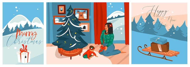 Ręcznie rysowane wektor abstrakcyjna grafika Wesołych Świąt i szczęśliwego nowego roku ilustracje clipartów kartkę z życzeniami z szczęśliwą kobietą i dzieckiem dziecko z choinką Wesołych Świąt ładny projekt karty tło