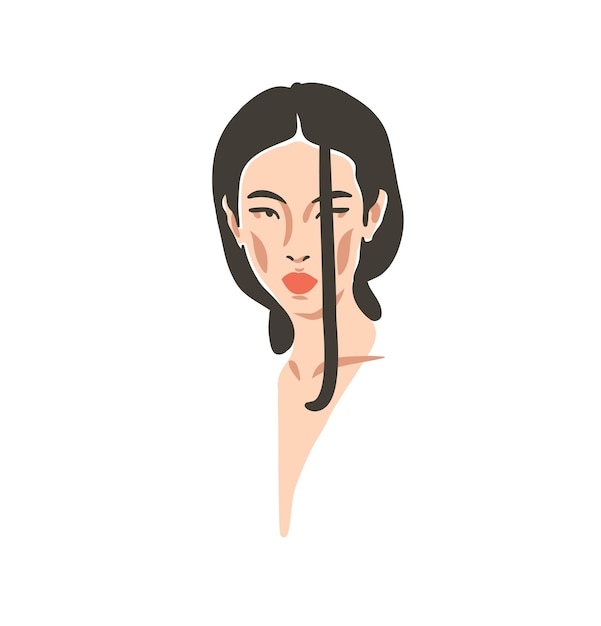Ręcznie rysowane wektor abstrakcyjna płaska grafika współczesna estetyczna moda ilustracja z cyganeriipiękny nowoczesny japoński portret kobiety w prostym modnym minimalistycznym stylu na białym tleNowoczesny projekt kobiety