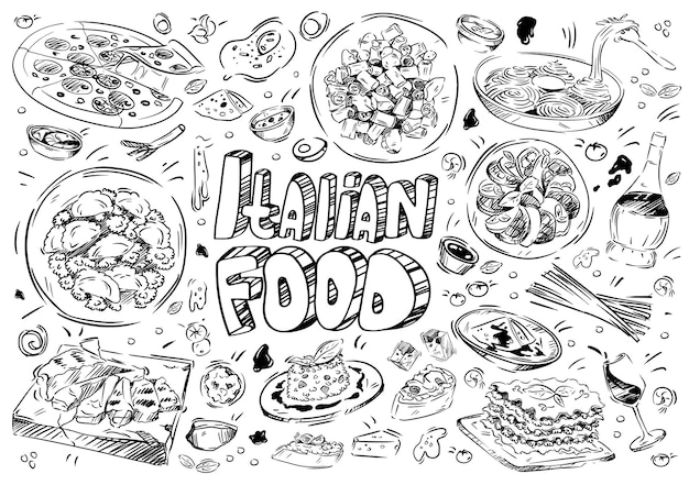 Ręcznie rysowane wektor ilustracja Doodle włoskie jedzenie pizza ser bruschetta makaron carbonara risotto lasagne pesto ravioli bazylia mięso fiorentina wino