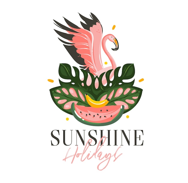 Ręcznie Rysowane Wektor Streszczenie Kreskówka Czas Letni Ilustracje Egzotyczny Znak Tropikalny Z Flamingo Birdwatermelontropical Liści Ans Sunshine Wakacje Typografia Cytat Na Białym Tle