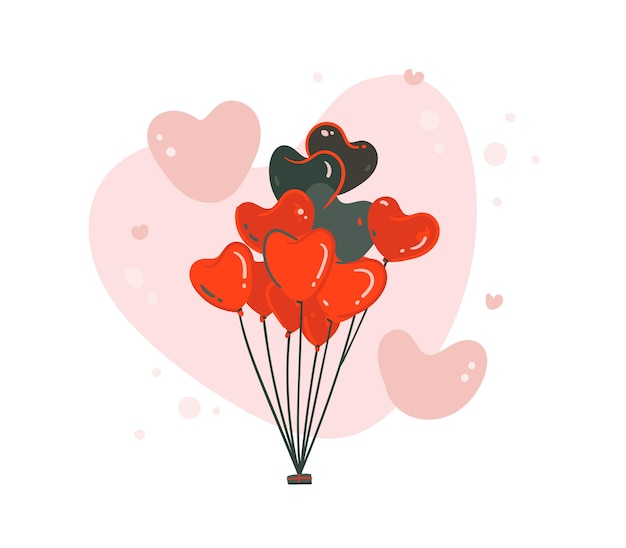 Ręcznie Rysowane Wektor Streszczenie Kreskówka Nowoczesna Grafika Happy Valentines Day Koncepcja Ilustracje Karty Sztuki Z Latające Balony Kształt Serca W Czerwonych Kolorach Na Białym Tle