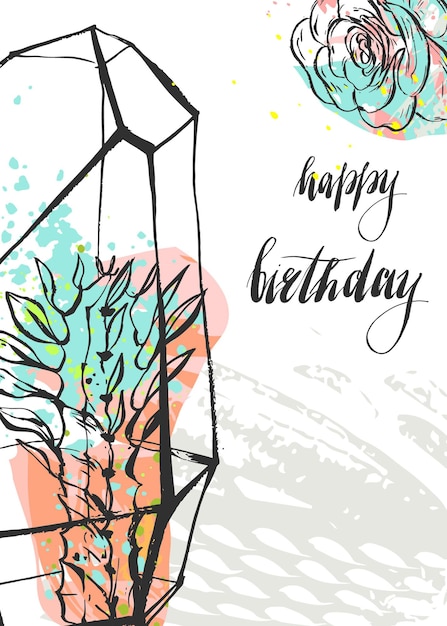 Plik wektorowy ręcznie rysowane wektor streszczenie niezwykłe uniwersalny szablon karty z pozdrowieniami happy birthday z sukulentów w terrarium i odręcznie kaligrafii cytat z okazji urodzin na białym tle