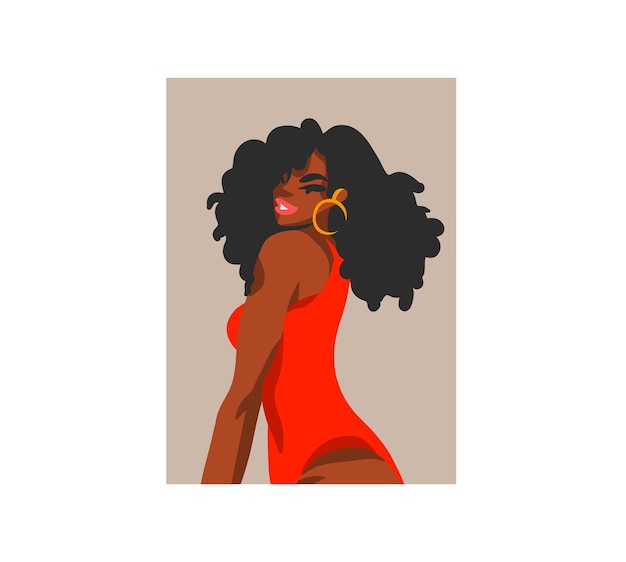 Ręcznie rysowane wektor streszczenie Stockowa ilustracja graficzna z młodym szczęśliwym, letnim plażą czeskiego czarnego afro american beauty avatar postaci dla mediów społecznościowych na białym tle