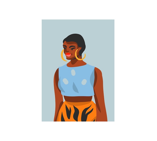 Ręcznie Rysowane Wektor Streszczenie Stockowa Ilustracja Graficzna Z Młodym Szczęśliwym, W Letnim Stroju, Czeski Czarny Afro American Beauty Avatar Postaci Dla Mediów Społecznościowych Na Białym Tle
