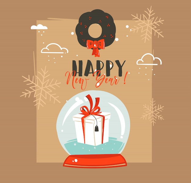 Ręcznie Rysowane Wesołych świąt I Szczęśliwego Nowego Roku Retro Vintage Coon Ilustracje Kartkę Z życzeniami Z Kuli śnieżnej I Jemioły Na Brązowym Tle