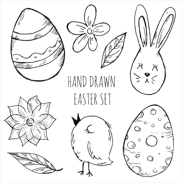 Ręcznie Rysowane Wielkanoc Ustawić Czarno-białych Ilustracji Wektorowych Strony Do Kolorowania Elementów Wielkanocnych