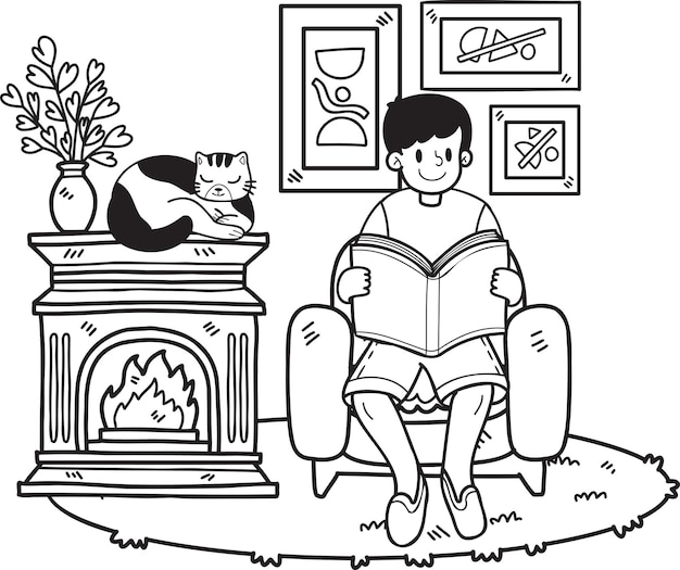 Ręcznie Rysowane Właściciel Czyta Książkę Z Kotem W Salonie Ilustracji W Stylu Bazgrołów