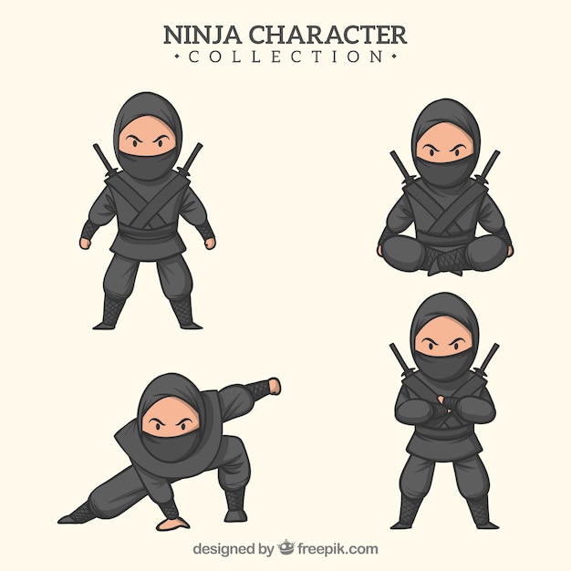 Plik wektorowy ręcznie rysowane wojownik ninja w różnych pozach