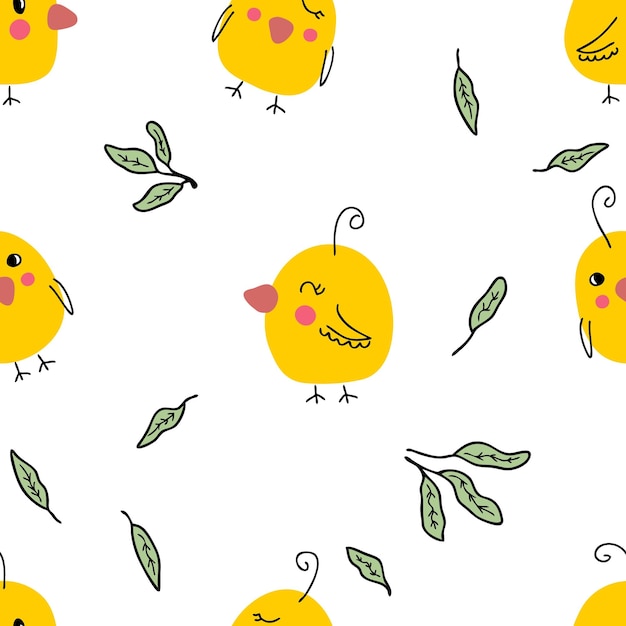 Ręcznie Rysowane Wzór Wielkanocny Z Kurczakami I Liśćmi Idealny Do Pocztówki Tekstylnej I Drukowania Ilustracji Wektorowych Doodle Do Wystroju I Projektowania