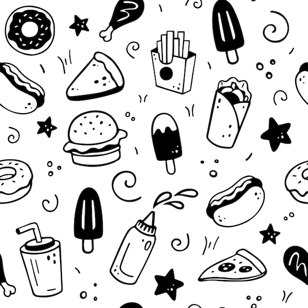 Ręcznie rysowane wzór z elementami fast food burger pizza hot dog lody pączek przekąska komiks doodle szkic styl ilustracji wektorowych