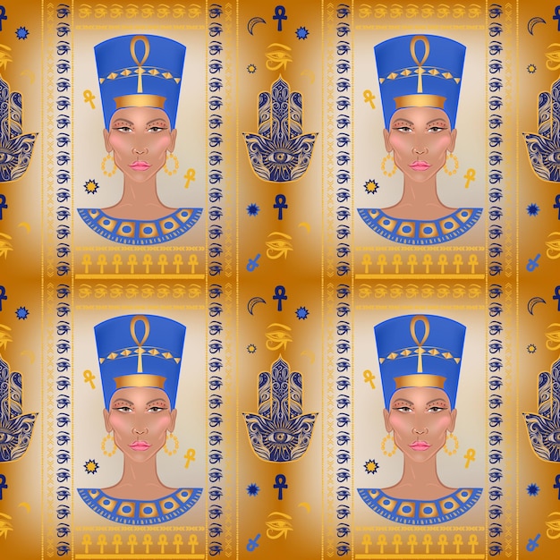 Ręcznie Rysowane Wzór Z Głową Starożytnego Nefertiti