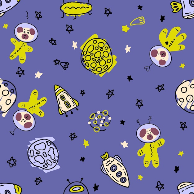 Ręcznie rysowane wzór z psami mops astronautów w przestrzeni idealny do tekstyliów Tshirt i nadruku Doodle ilustracji wektorowych do wystroju i projektowania