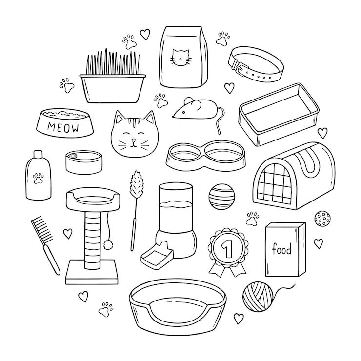 Wektor ręcznie rysowane zestaw akcesoriów dla kotów i zwierząt domowych doodle dostawy i wyposażenie kotów w stylu szkicu