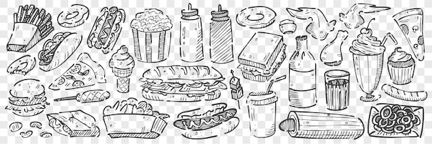 Ręcznie Rysowane Zestaw Doodle Fast Foodów