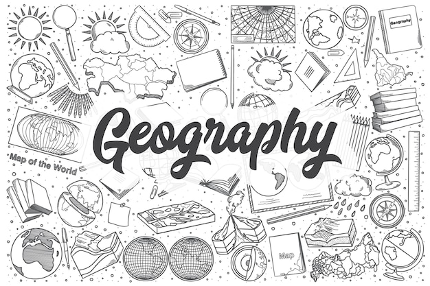 Ręcznie Rysowane Zestaw Doodle Geografii. Napis - Geografia