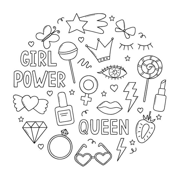Ręcznie Rysowane Zestaw Elementów Feministycznych Doodle Girl Power I Dziewczyny Party W Stylu Szkicu