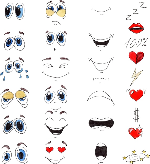 Ręcznie Rysowane Zestaw Emoji Słodkie Twarze Liner I Akwarela