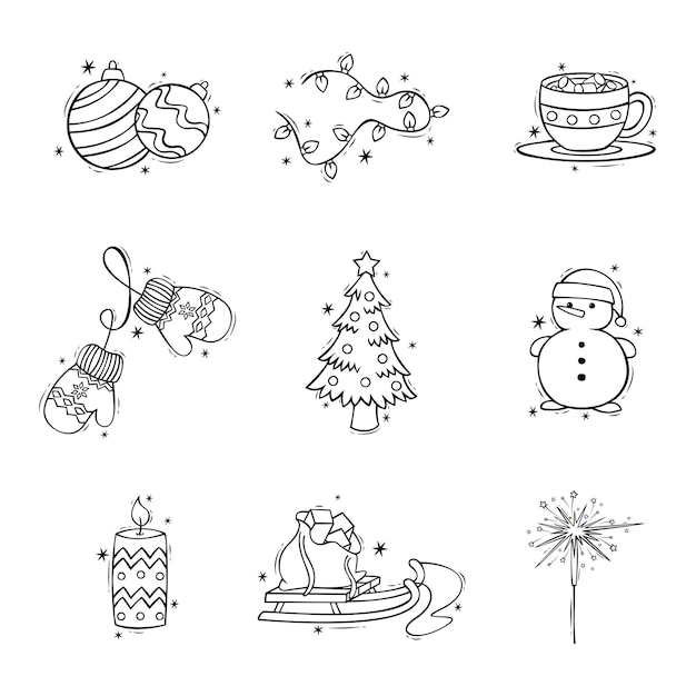 Plik wektorowy ręcznie rysowane zestaw ikon ozdób choinkowych w stylu doodle boże narodzenie i nowy rok doodles