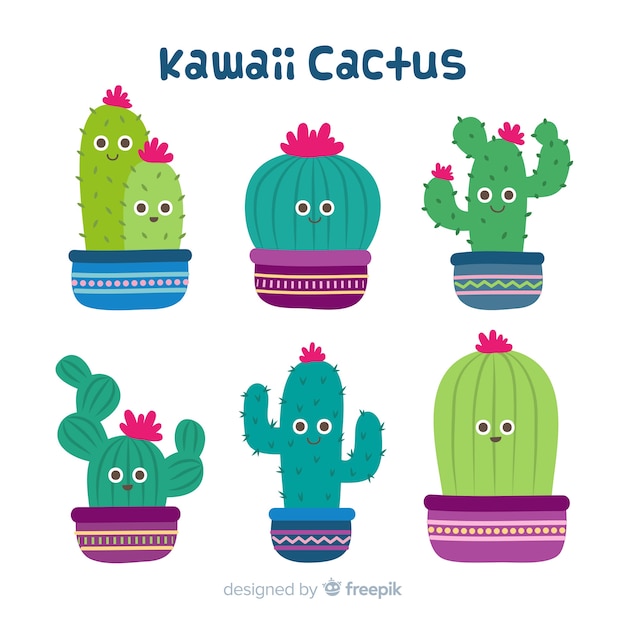 Ręcznie rysowane zestaw kawaii kaktus