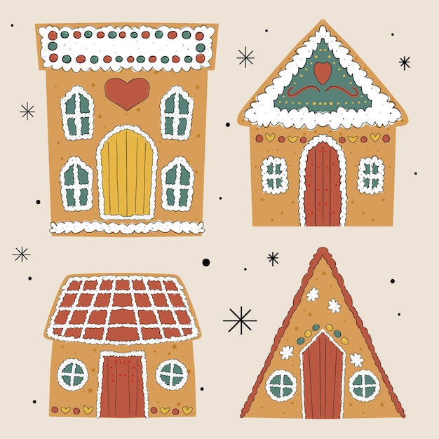 Plik wektorowy ręcznie rysowane zestaw kolekcji świątecznych domków z piernika