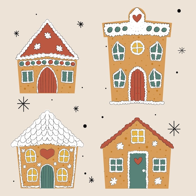 Plik wektorowy ręcznie rysowane zestaw kolekcji świątecznych domków z piernika