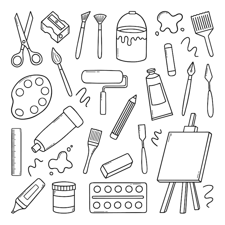 Wektor ręcznie rysowane zestaw narzędzi artysty doodle materiały artystyczne w stylu szkicu pędzle sztalugowe ołówki