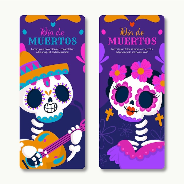 Ręcznie rysowane zestaw pionowych banerów dia de muertos