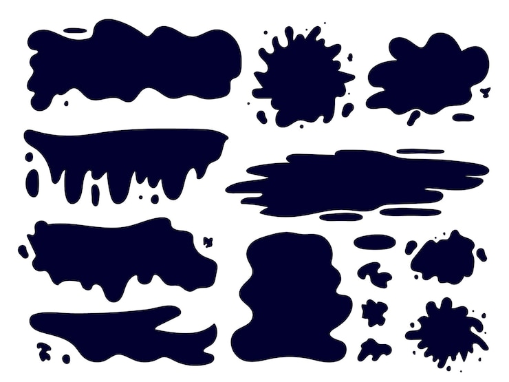 Wektor ręcznie rysowane zestaw plam atramentu, farb o różnych kształtach. element projektu naklejek, etykiet, banerów, ikon. ilustracja wektorowa, imitacja kropli piór i pędzla.