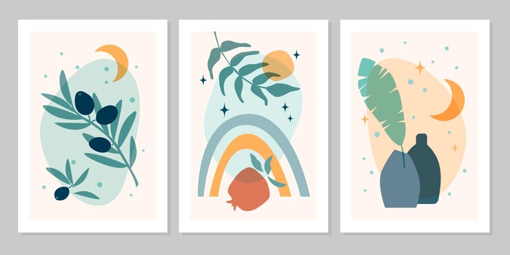 Ręcznie rysowane zestaw streszczenie boho plakat z tęczy, słońce, księżyc, gwiazda, wazon, roślina, na białym tle na beżowym tle. Płaskie ilustracji wektorowych. Projekt wzoru, logo, plakatów, zaproszenia, kartki z życzeniami