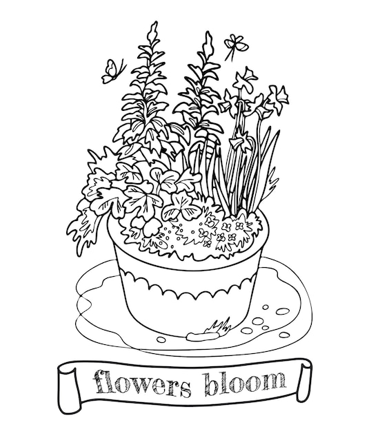 Ręcznie Rysowany Element Zentangle Czarno-białe Kwiaty W Koszu Ilustracja Wektora