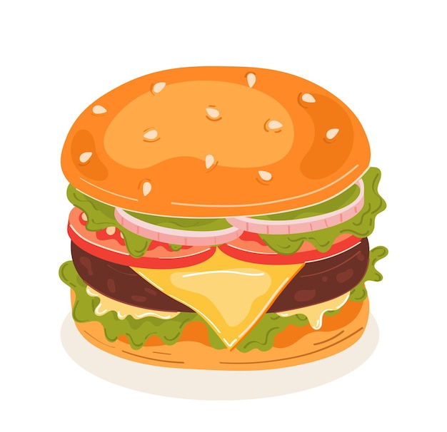 Ręcznie Rysowany Klasyczny Burger Amerykański Cheeseburger Z Sałatą Pomidor Cebula Ser Wołowina I Sos