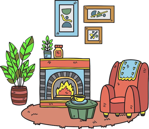 Ręcznie rysowany kominek z roślinami i kanapą wnętrza pokoju ilustracja