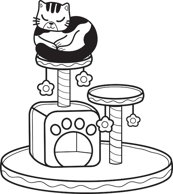 Ręcznie rysowany kot w paski z kotem wspinaczkowym biegunem ilustracja w stylu doodle