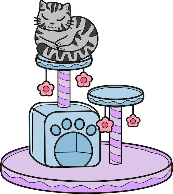 Ręcznie rysowany kot w paski z kotem wspinaczkowym biegunem ilustracja w stylu doodle