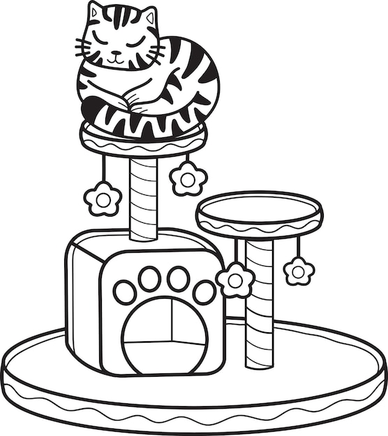 Ręcznie rysowany kot w paski z kotem wspinaczkowym biegunem ilustracja w stylu doodle