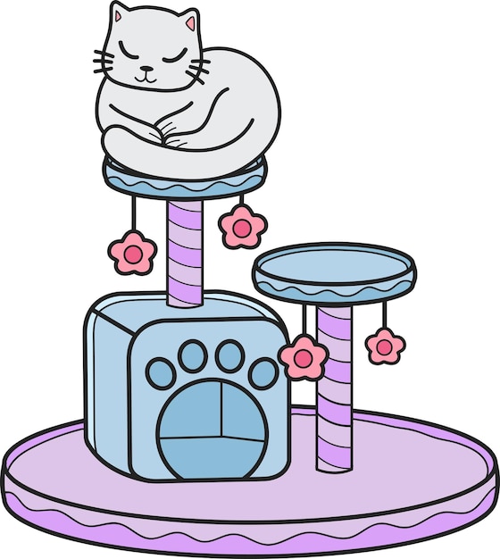Ręcznie rysowany kot z kotem wspinaczka biegun ilustracja w stylu doodle