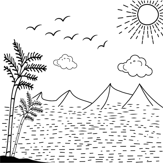 Ręcznie Rysowany Letni Zachód Słońca Tropikalna Linia Plaży Sztuka Ilustracja Wektorowa Dzieci Rysują Kolory Plaży