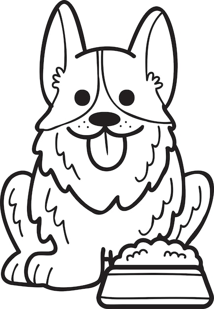Ręcznie rysowany pies Corgi z ilustracją jedzenia w stylu doodle