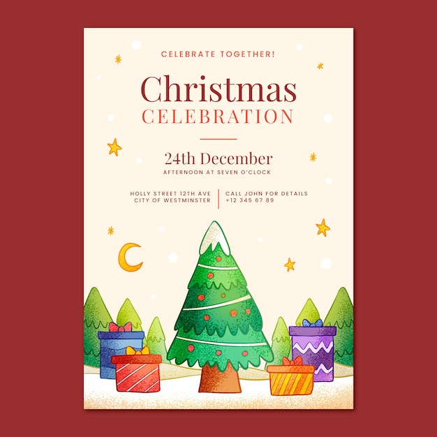 Plik wektorowy ręcznie rysowany pionowy szablon plakatu na obchody świąt bożego narodzenia z drzewem i prezentami