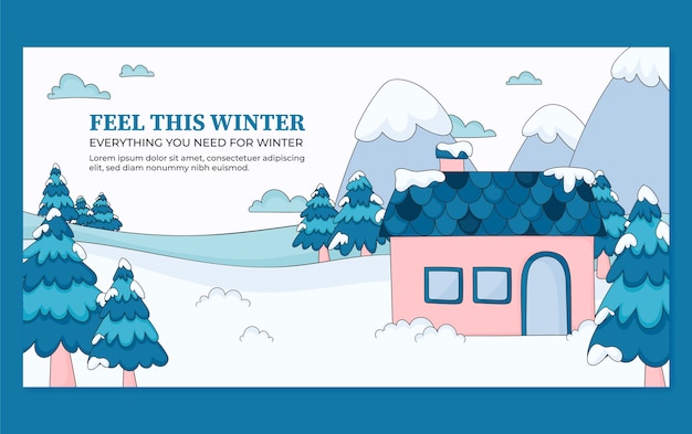 Plik wektorowy ręcznie rysowany szablon postu w mediach społecznościowych na zimę z domem w śniegu