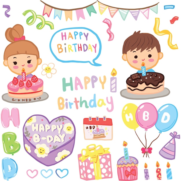 Ręcznie rysowany, uroczy zestaw wektorowy z okazji urodzin: prezent i tort HBD