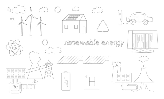 Ręcznie Rysowany Zestaw Elementów Pokazujących Jak Wykorzystać Energię Odnawialną W Przyrodzie.