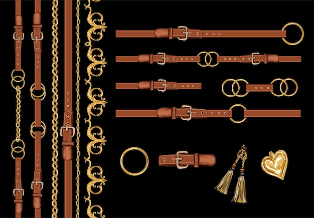 Ręcznie rysowany zestaw łańcuszków i oplotów z elementów barokowych do projektowania tkanin